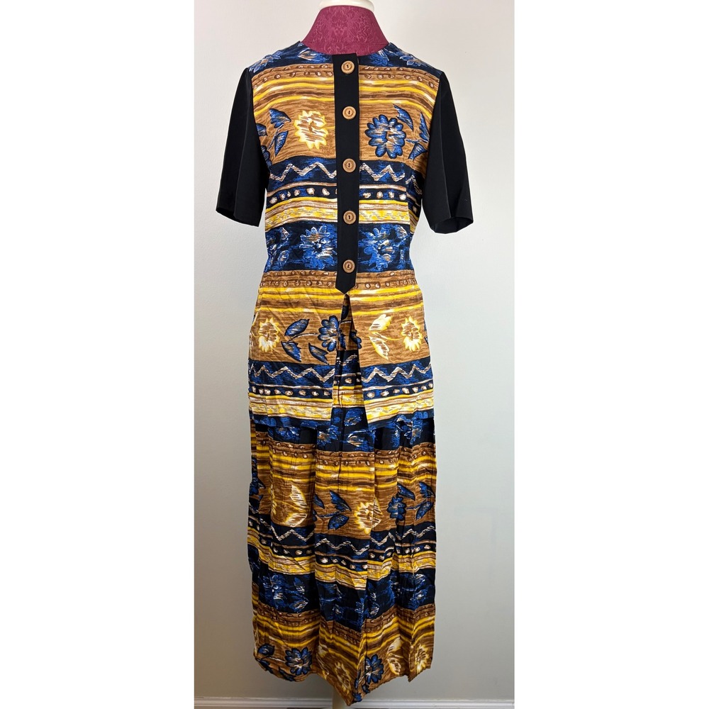 Maren Vintage 2 Piece Skirt Set Small Blue Gold Floral Tribal Boho Maxi USA 90s